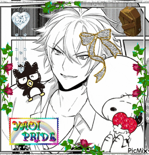a black and white drawing of a man with the words yaoi pride on the bottom right