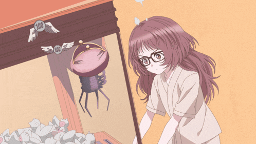 a girl with glasses is looking at a spider in a display case
