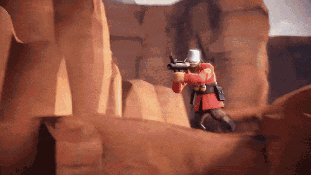 a soldier in a red uniform is running with a gun