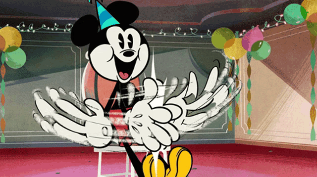 a cartoon of mickey mouse wearing a party hat and gloves