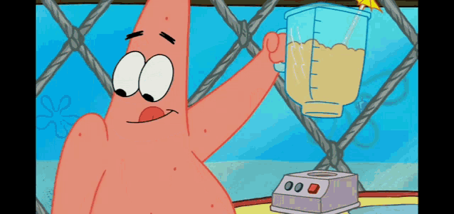 patrick star from spongebob squarepants holds up a blender