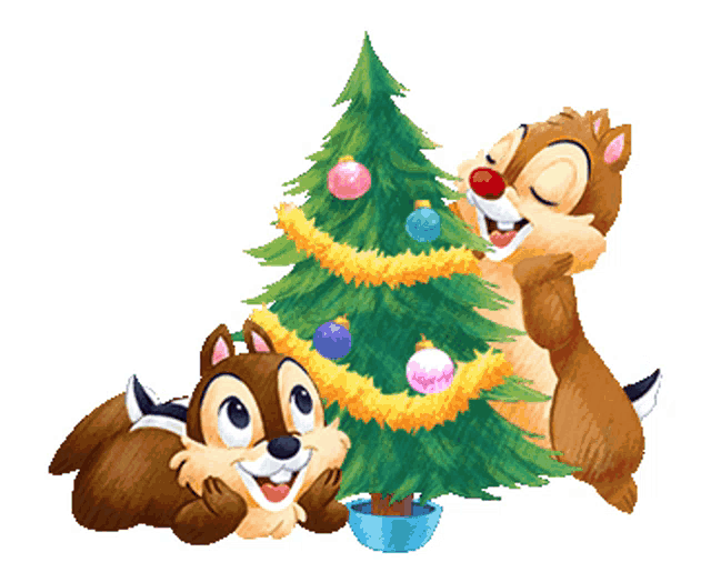 chip and dale are decorating a christmas tree with ornaments