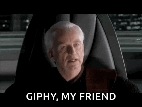 a man is sitting in a chair with the words giphy , my friend on the screen