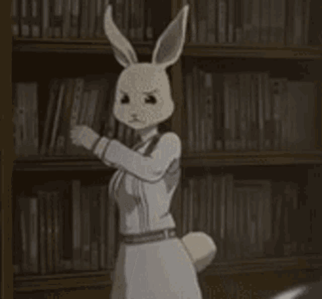 a cartoon rabbit is standing in front of a bookshelf .