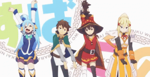 a group of anime characters are standing next to each other with their arms up in the air