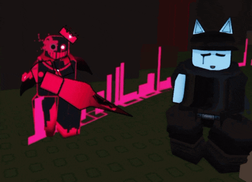 a red and black robot standing next to a black cat