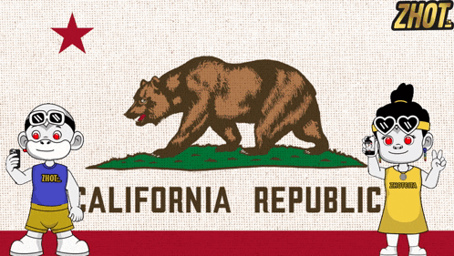 a california republic flag with a bear and a girl