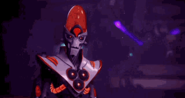 a video game character with a red head and a purple background