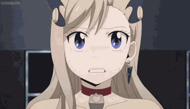 a girl with blonde hair and blue eyes is wearing a choker and earrings