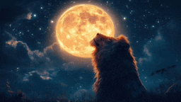 a lion howling at a full moon in the night sky