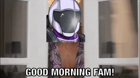 a cartoon of a man with a helmet says good morning fam