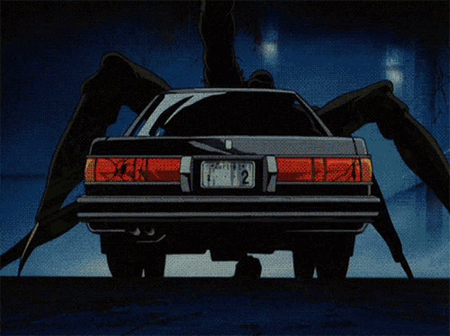 a car is being attacked by a giant spider with a red light coming out of it