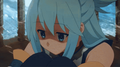 a girl with blue hair and blue eyes is looking down