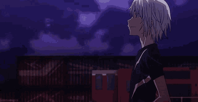 a boy with white hair is smiling in front of a purple sky and a building