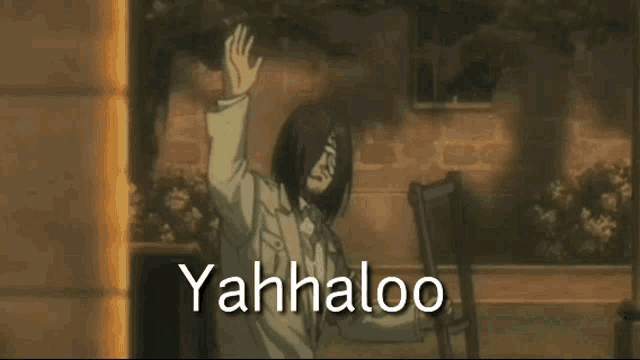 a man sitting in a chair with his hand in the air and the words yahhaloo written below him