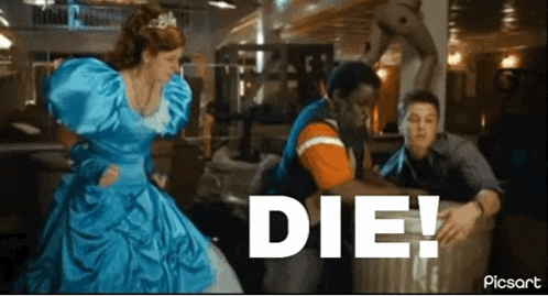 a woman in a blue dress is standing next to a man in an orange shirt with the word die written in white