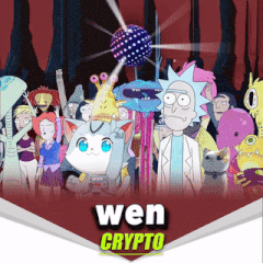 a group of cartoon characters are standing in front of a disco ball with the words wen crypto below them