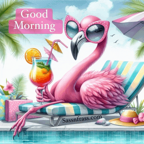 a flamingo sitting on a lounge chair holding a drink with a straw and the words good morning