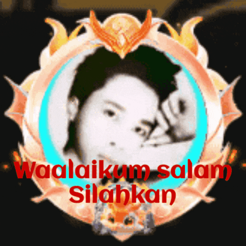a picture of a man in a circle with the words waalaikum salam silakan below it