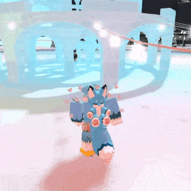 a blue cartoon character is standing in front of a ice castle