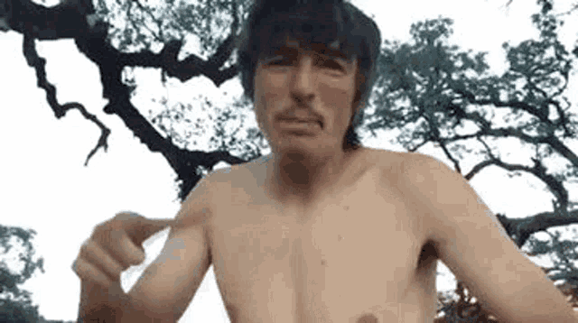 a shirtless man is standing in front of a tree pointing at his chest .