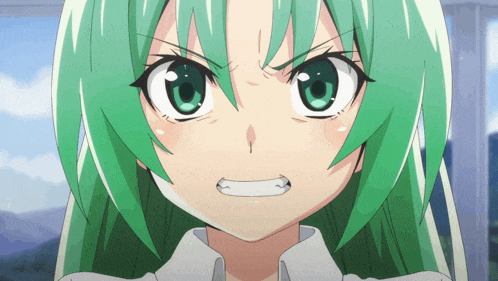 a close up of a anime girl with green hair