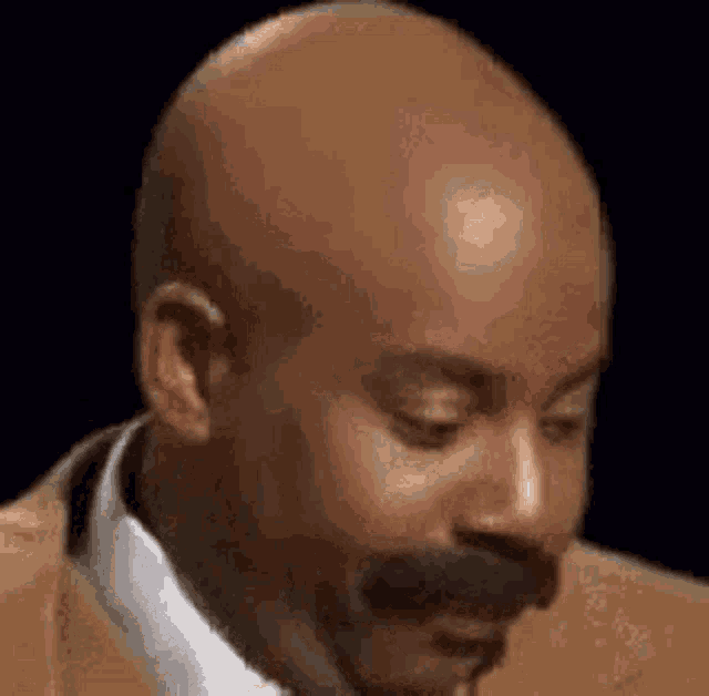 a bald man with a mustache is wearing a tan suit and white shirt .