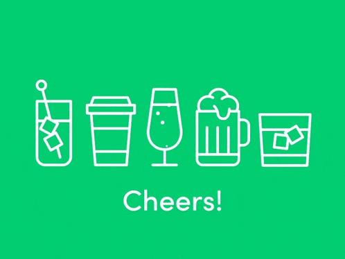 a green background with icons of drinks and the word cheers