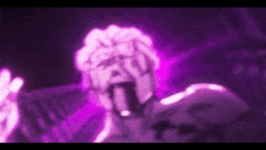 a close up of a person 's face with a purple light behind him .