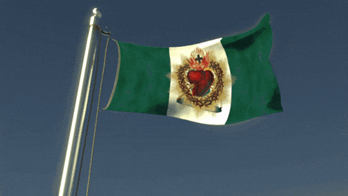 a green and white flag with a heart and thorns on it