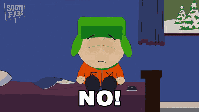 a cartoon character from south park is sitting on a bed and saying no