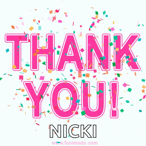 a pink thank you card for nicki with confetti