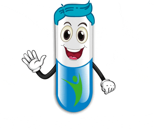 a cartoon illustration of a blue and white capsule with arms and a smiling face