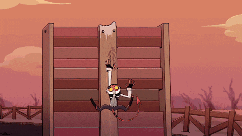 a cartoon character is hanging upside down on a wooden fence