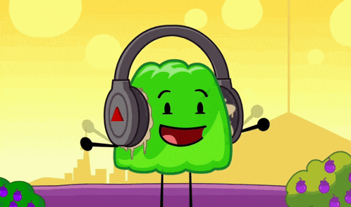 a cartoon character wearing headphones with an arrow pointing to the left