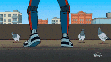 a cartoon of a person standing next to pigeons with the words disney + on the bottom