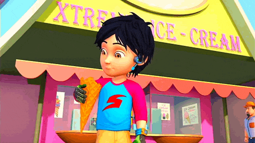 a cartoon character standing in front of an ice cream stand