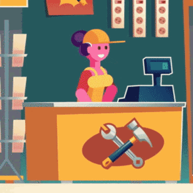 a cartoon illustration of a woman behind a counter in a store