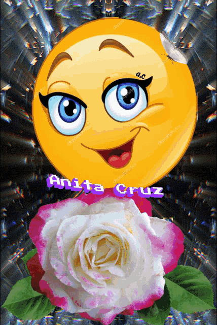 a smiley face with a butterfly on it and the name anita cruz