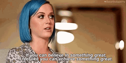 a woman with blue hair is saying if you can believe in something great i feel like you can achieve something great .