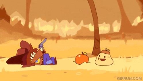 a cartoon of a man laying on the ground with a gun and an apple with gifrun.com written below it