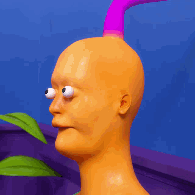 a close up of a cartoon character 's head with big eyes and a pink horn