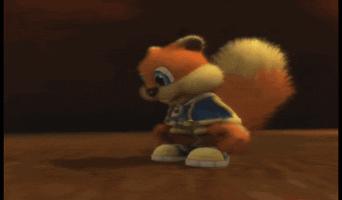 a cartoon squirrel is standing on a wooden floor surrounded by money