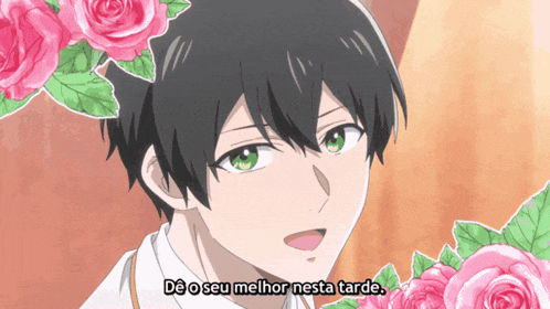 a boy with green eyes is surrounded by pink roses and has the words " de o seu melhor nesta tarde " on his face