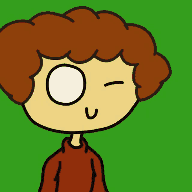 a cartoon drawing of a boy with brown hair and a white eye giving a thumbs up