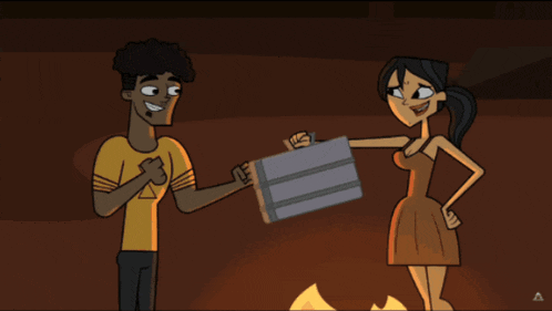 a group of cartoon characters are standing around a fire and one of them is holding a box