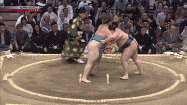 a sumo wrestler is fighting another wrestler in front of a crowd with nhk world japan written on the screen