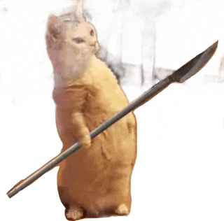 a cat is holding a spear in its mouth