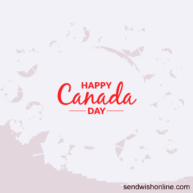 a happy canada day greeting card with red maple leaves around a white circle
