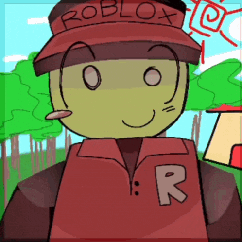 a cartoon character wearing a roblox hat and a red shirt